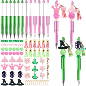 NEWEST 12 Pieces Witch Beadable Pens Pink and Green Bead Pens DIY Princess Witch Party Favors Plastic Beaded Ballpoint Pen for School Office Birthday Party Supplies Gifts