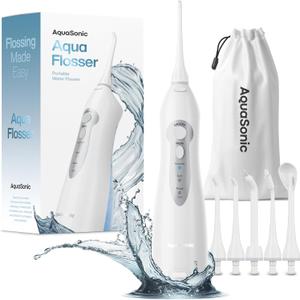 AquaSonic Water Flosser - Cordless Rechargeable Water Flossers for Teeth Cleaning - Waterproof Aqua Flosser, Portable Oral Irrigator for Dental Cleaning with 5 Jet Tips  Braces Home Travel (White)