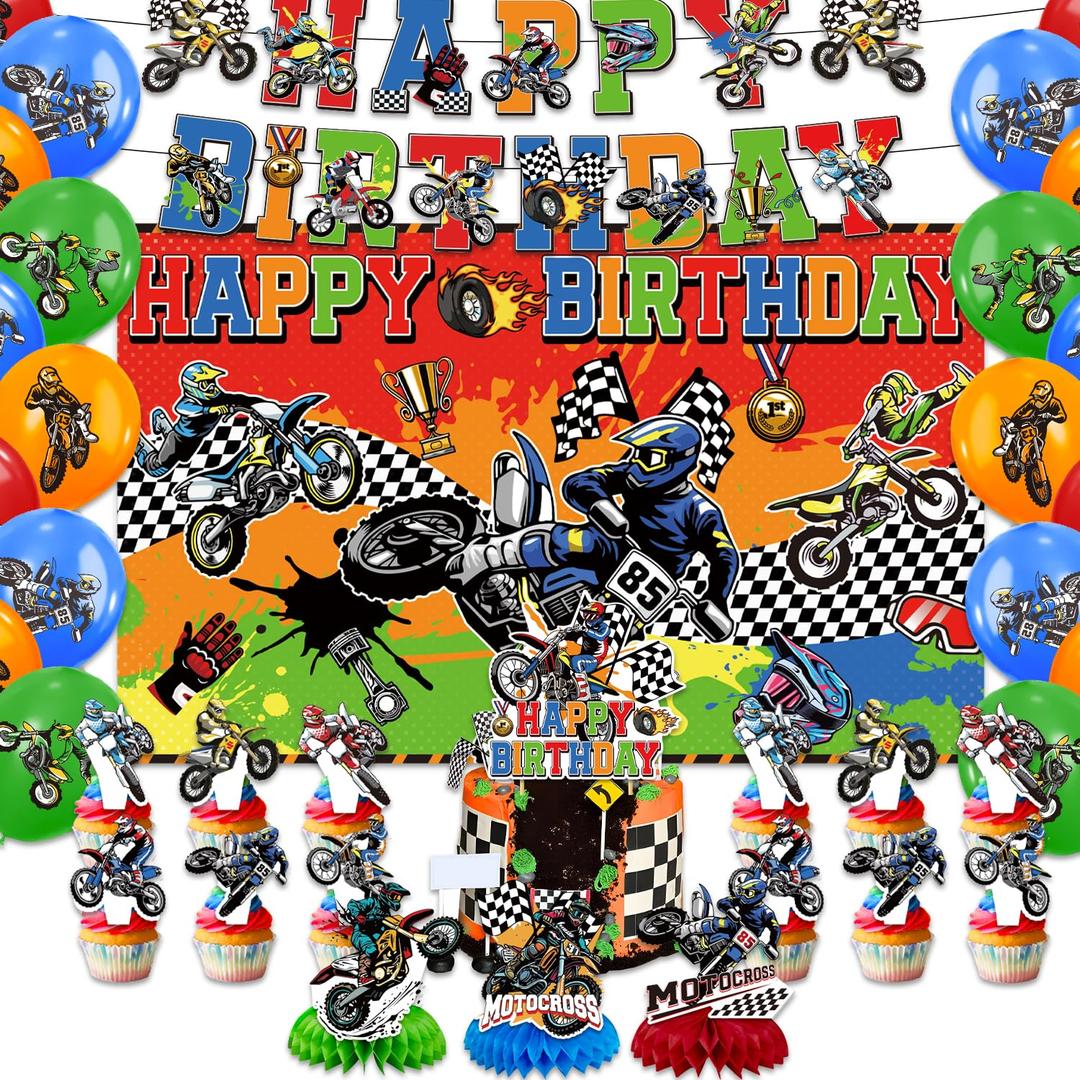 45Pack Dirt Bike Birthday Party decoration pack include banner,Honeycomb Centerpieces,cake toppers,Balloons for Dirt Bike party decoration