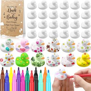 45 Pcs Baby Shower Decorate Ducks Game Set Includes Baby Shower Game Sign 32 DIY White Blank Rubber Ducks 12 Paint Marker for Gender Revel(Kraft)