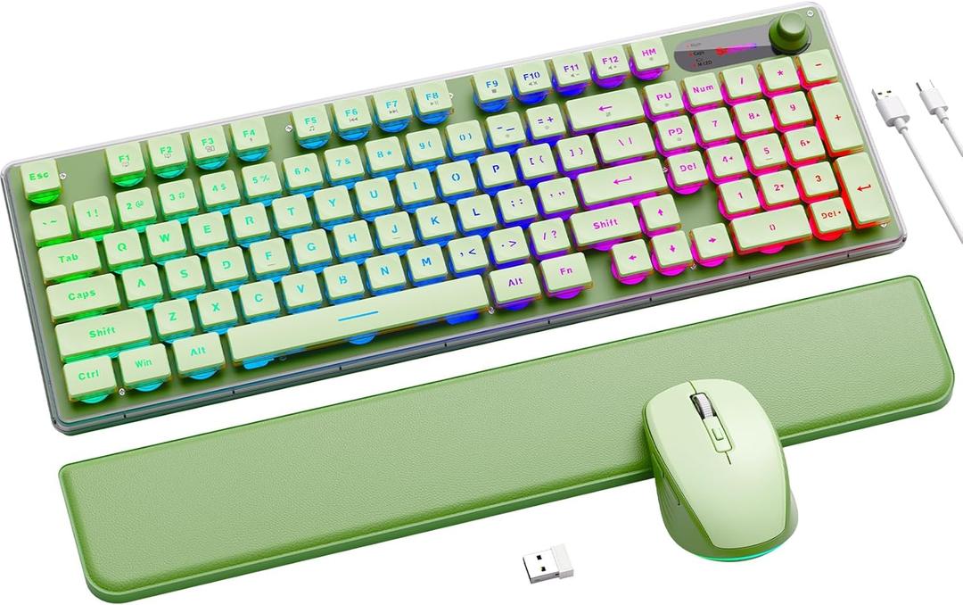 Wireless Keyboard and Mouse Combo - 9 Backlit Effects, Wrist Rest, Double-Shot Keycaps, Metal Panel, Long-Lasting Rechargeable, 2.4G Keyboard Mouse Set for Windows Mac PC Laptop Sablute (Green)