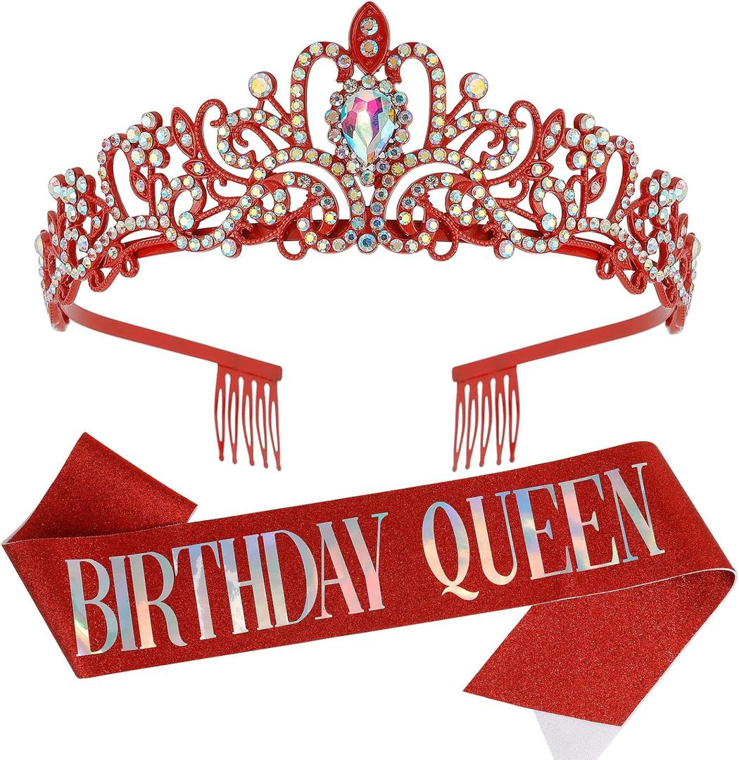 "Birthday Queen" Sash and Crystal Tiara Set Tiara and Crowns for Women COCIDE Birthday Gift for Girl Kit Decorations Set Rhinestone Hair Accessories Glitter Stain Silk Sash for Party (Red+Aurora Borealis)