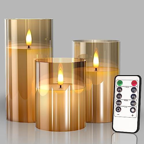 Tyawon Glass Battery Operated LED Flameless Candles with Remote and Timer, Real Wax Candles Warm Color Flickering Light for Festival Wedding Home Party Decor(Pack of 3)-Gold