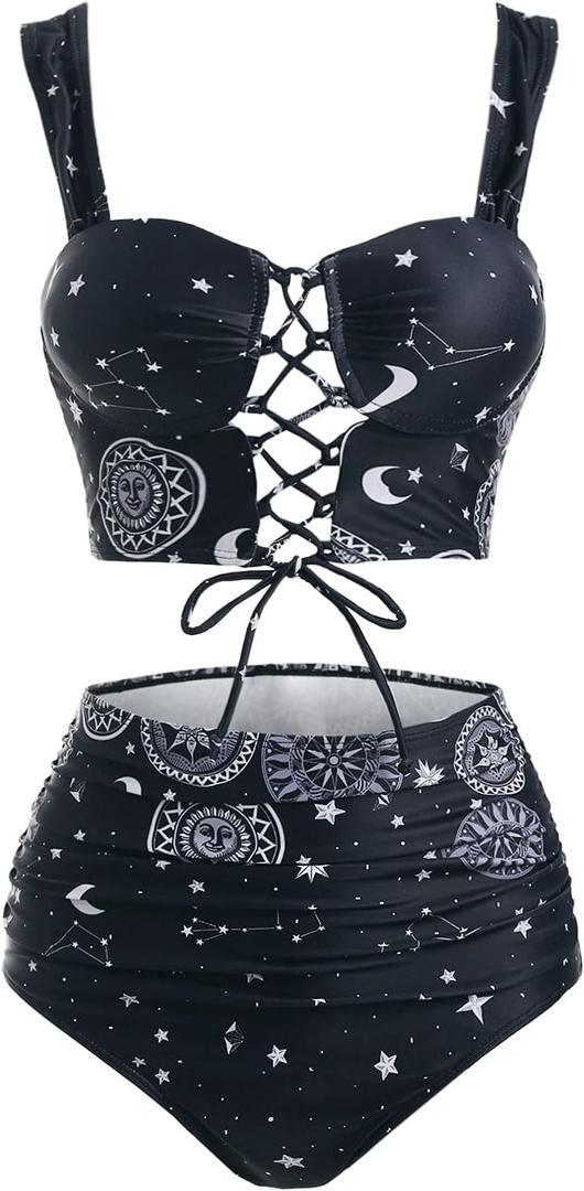 DRESSFO Bikini Set for Women Two Piece Bathing Suit High Waisted Bikini Gothic Sun and Moon Tummy Control Swimsuits (Medium, Black)