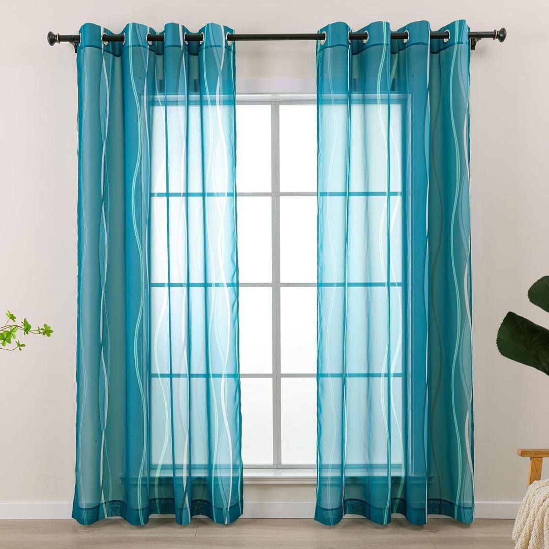 L.Z.E Teal Sheer Curtains for Living Room 96 Inches Long, Light Filtering Elegant Wave Patterned Curtains with Design, Lightweight Window Drapes for Bedroom Dining Room, Grommet Top 2 Panels Set L.Z.E Teal Sheer Curtains for Living Room 96 Inches Long, Light Filtering Elegant Wave Patterned Curtains with Design, Lightweight Window Drapes for Bedroom Dining Room, Grommet Top 2 Panels Set