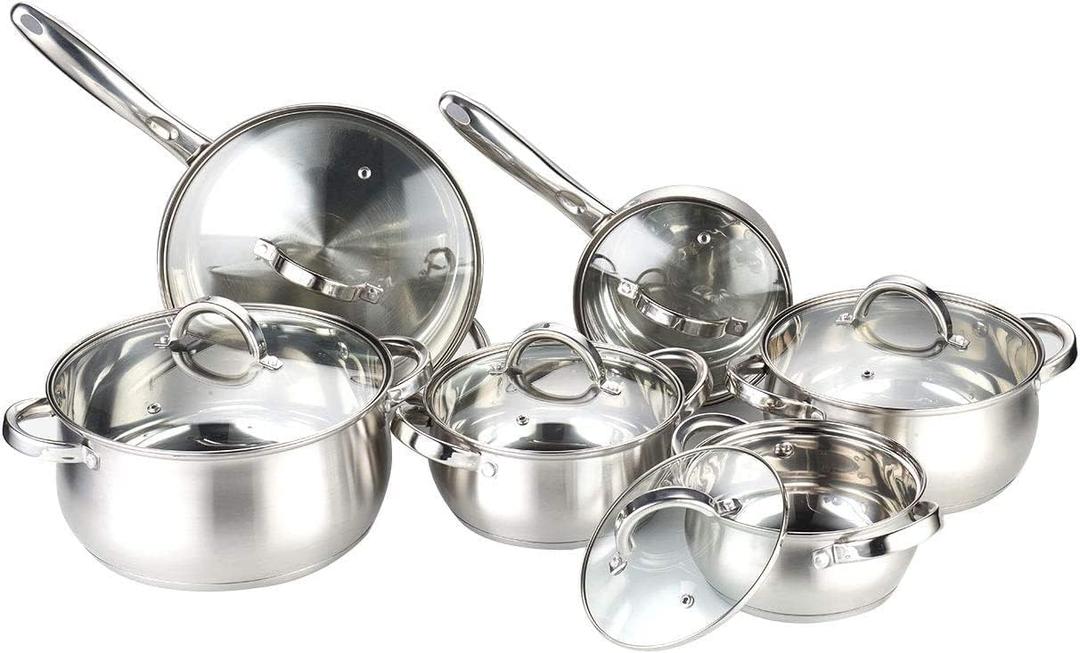 W Home 12-Piece Induction Ready Stainless Steel Cookware Sets with Glass Lid, Silver on Cookware Sets Stainless Steel
