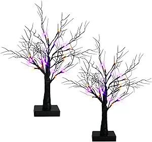 Dazzle Bright 2 Pack 20 Inch Orange & Purple Lighted Halloween Birches Tree Decor, 24 LED Battery Operated Halloween Decorations Artificial Black Spooky Tree with Timer for Indoor Home Party