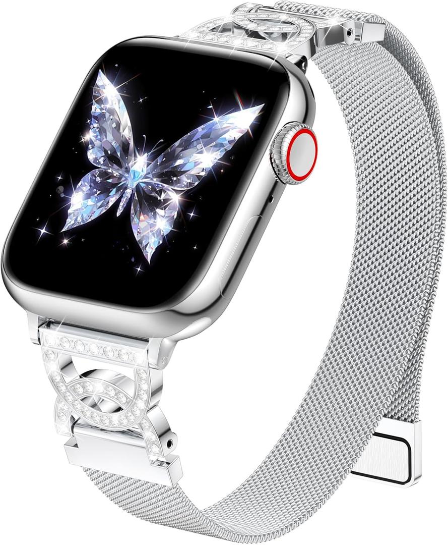 BRG Thin Mesh Loop Compatible with Apple Watch Bands for Women 40mm 41mm 38mm 42mm Series 10 SE 9 8 7 6 5 4 3 2 1, Stainless Steel Magnetic Metal Strap with Double C-Shape Bling Clasp for iWatch (Silver)