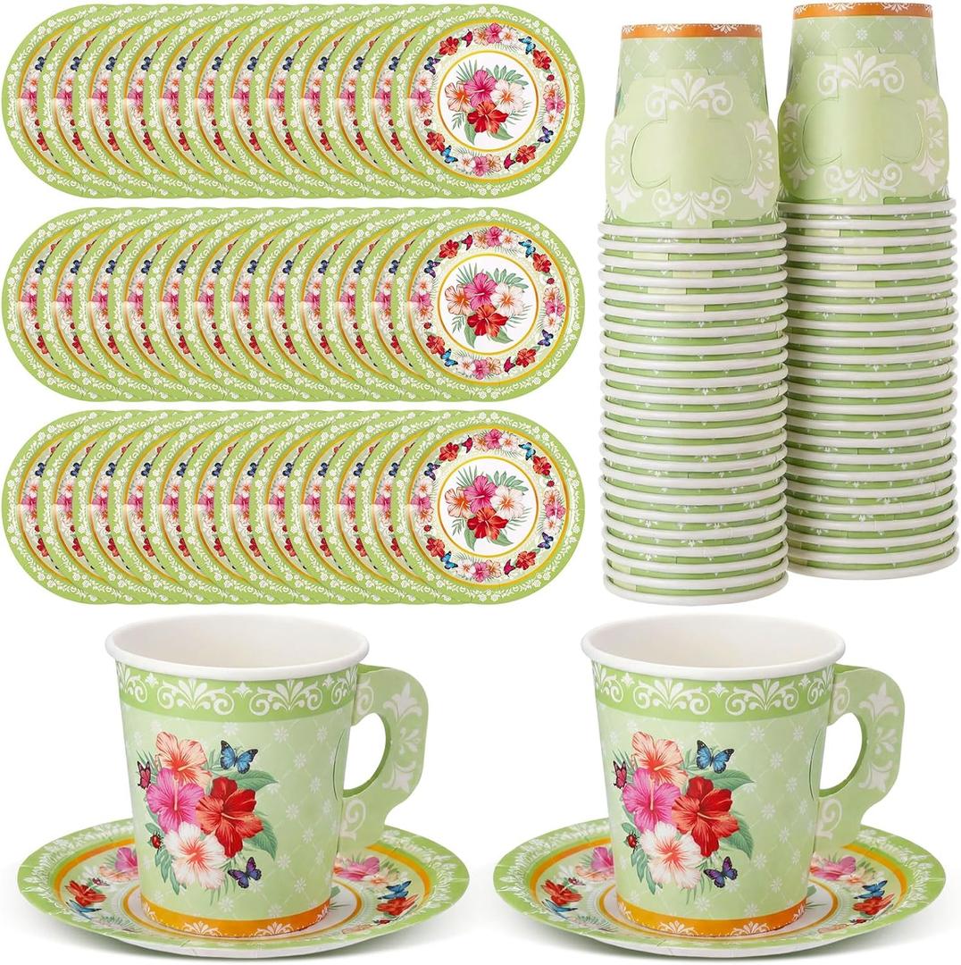 Nuogo 200 Pcs Floral Paper Tea Cups and Saucers 7 oz Disposable Paper Teacups with Handle and Plates for Tea Party Decoration Wedding Birthday Baby Shower Bridal Mother's Day, Serve 100(Green)