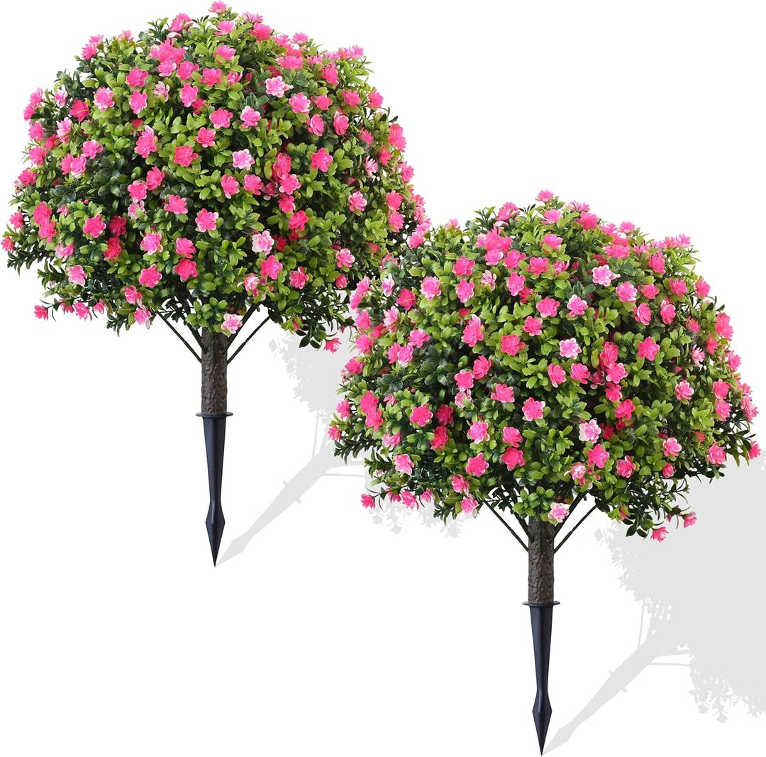 Artificial Topiary Trees with Pink Flowers, 2 Set of 27 Inches High,UV Resistance, Fake Flower with Ground Spike, Weather Resistant Garden Decor