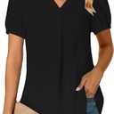 LYANER Women's Summer Dressy Chiffon Blouses V Neck Short Sleeve Tunic Tops for Leggings Casual T-Shirts Black Small