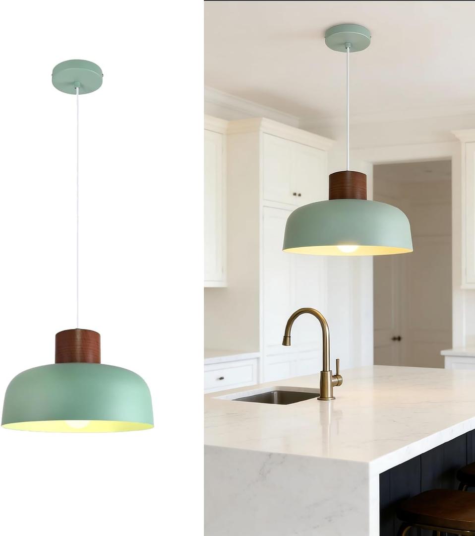 Modern Pendant Lights, 12.6inch Drum Pendant Lighting Adjustable Height Natural Wood Cap Hanging Light Fixture Green for Dining Room Kitchen,Living Room