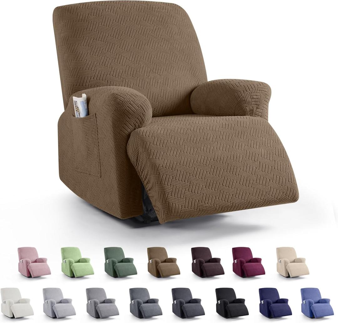 KinCam Recliner Covers, Stretch Reclining Chair Covers, Recliner Sofa Slipcovers Stripe Jacquard Recliner Couch Covers Furniture Protector Covers for Pet Kid (1 Seater, Light Coffee)
