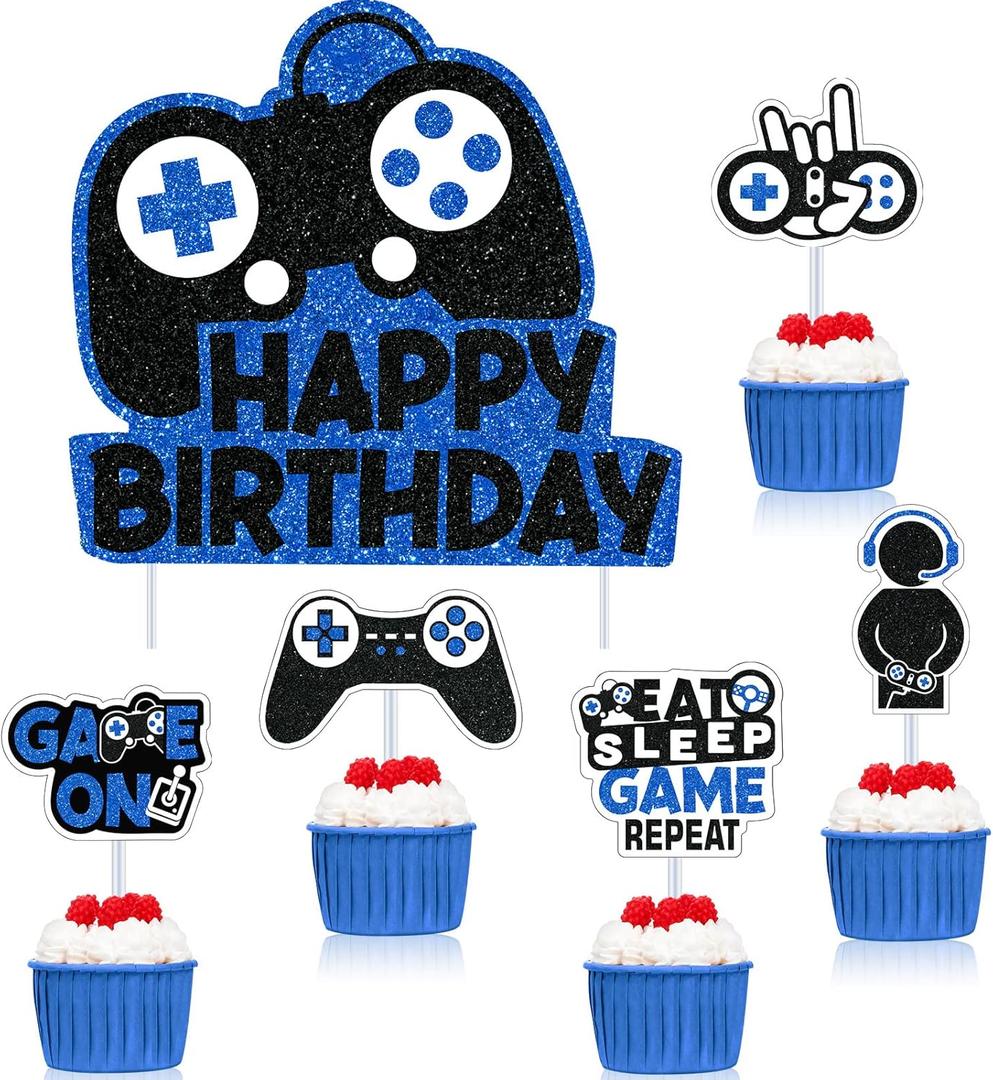 31 Piece Video Game Happy Birthday Cupcake Toppers Cake Toppers Video Gamer Party Decorations Supplies Picks Gaming Theme Birthday Party Banner Game Controller Backdrop for Kid Boys Gaming (Blue)