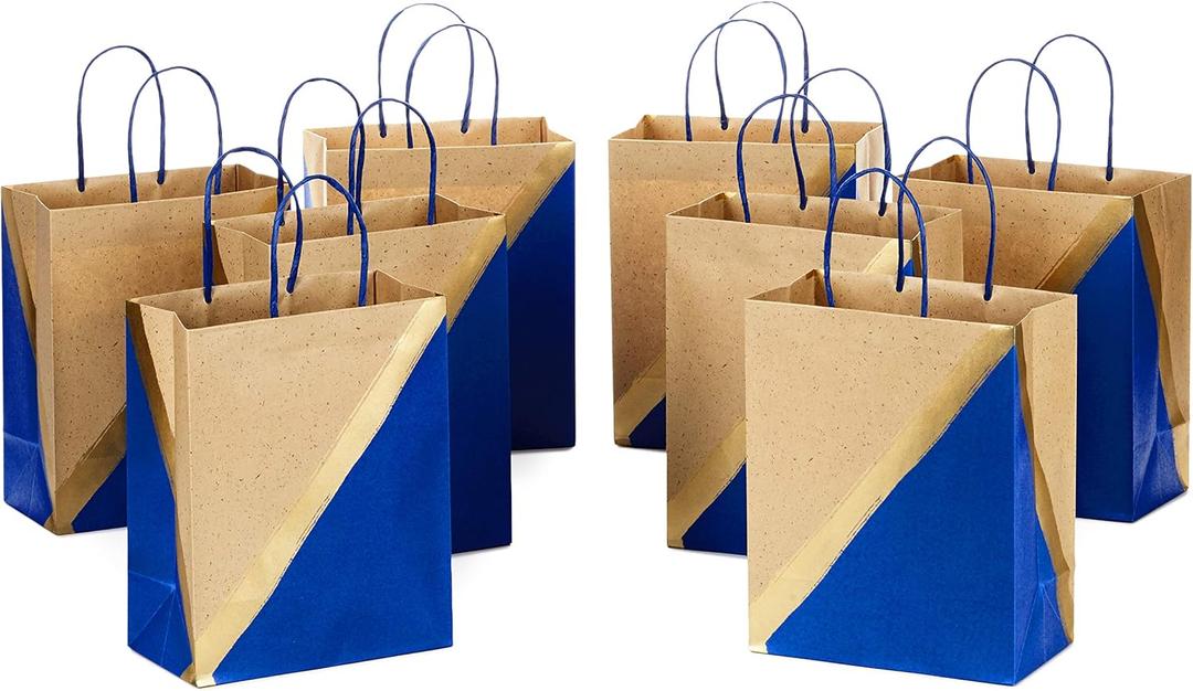 Hallmark 9" Medium Paper Gift Bags (Pack of 8 - Blue & Kraft) for Hanukkah, Birthdays, Weddings, Father's Day, Graduations, Baby Showers, Bridal Showers, Care Packages, May Day