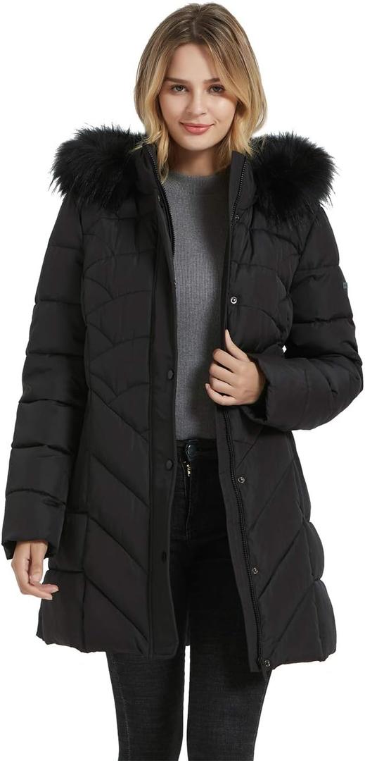 BINACL Women's Fashion Hoodie Thickened Black Jacket, Down Alternative Spring Gift Parka Puffer Cotton Padding Outwear Climbing Long Sleeve Jacket with Fur Hood Great with Sweaters(Black,XL)
