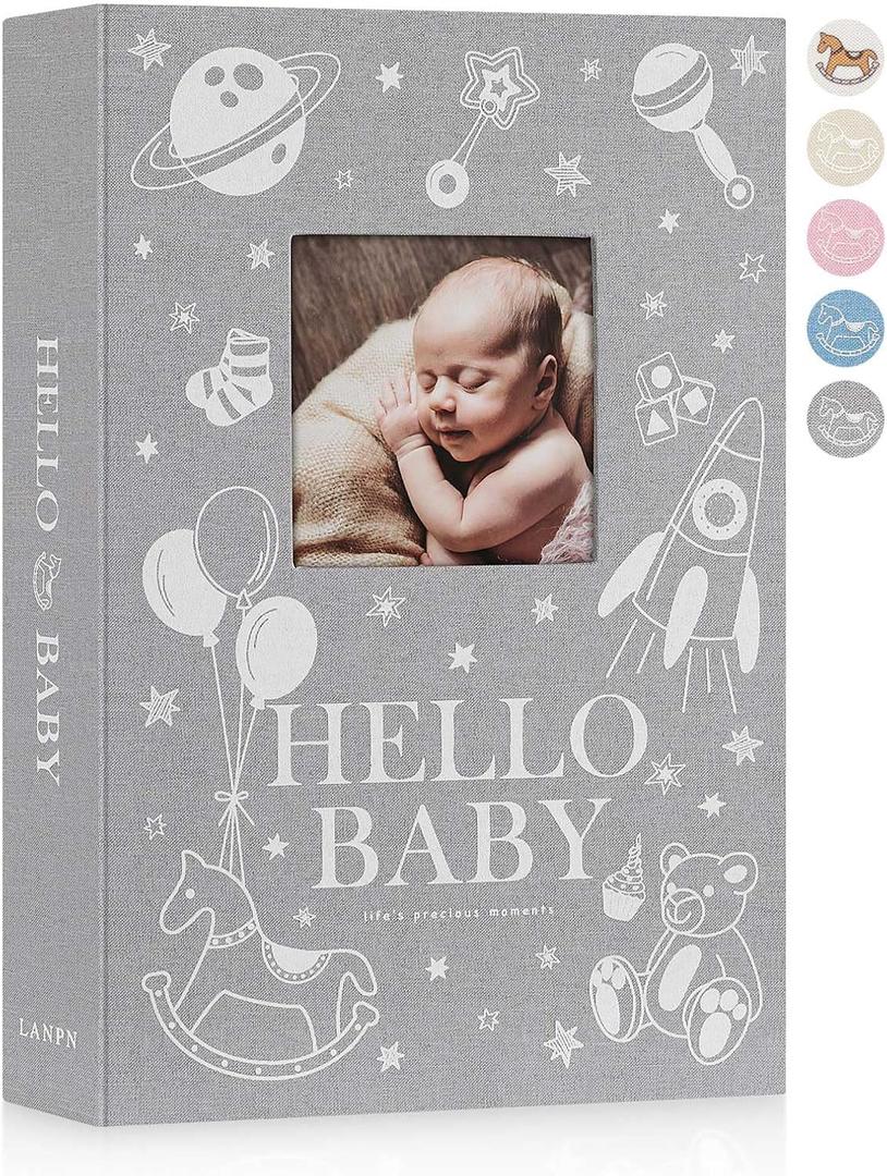 Lanpn Baby Photo Album 4x6 300 Pockets, Linen Newborn Bebe Ultrasound Photo Album with Memo Writing Area, Cover Photo Book, Picture Album for kids, Baby Boy Memory Book Keepsake Grey