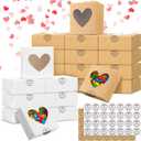 Sinmoe 50 Pcs Valentine Party Favors Gift Boxes Heart Shaped Candy Boxes with Window Bulk Valentines Day Bakery Treats Containers Kraft White and Brown Packaging Cases with Stickers for Wedding