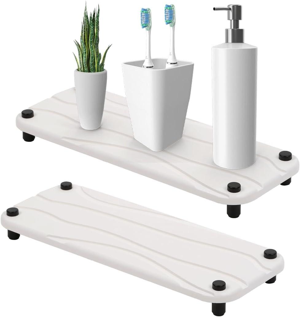 2pc Stone Drying Tray - Diatomite Sink Caddy Kitchen Sink Organizer - Water Absorbing Bathroom Counter Mat - Absorbent Kitchen Soap Tray (White)