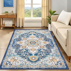 Smiry 8x10 Area Rugs for Living Room, Boho Chic Style Printed Rugs, Low Pile, Non-Shedding, Easy Care, Machine Washable Lightweight Floor Carpets Rugs for Bedroom, Dining Room, Home Office, Blue