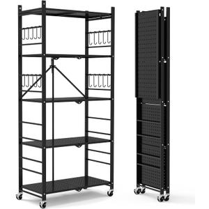 Himix Storage Shelves with 20 Hooks, 5-Tier Collapsible Organization Storage Rack Bookshelf Folding Pantry Shelves Cube Shelf Wire Shelving Holds 440 Ibs for Garage Kitchen Room (Black)