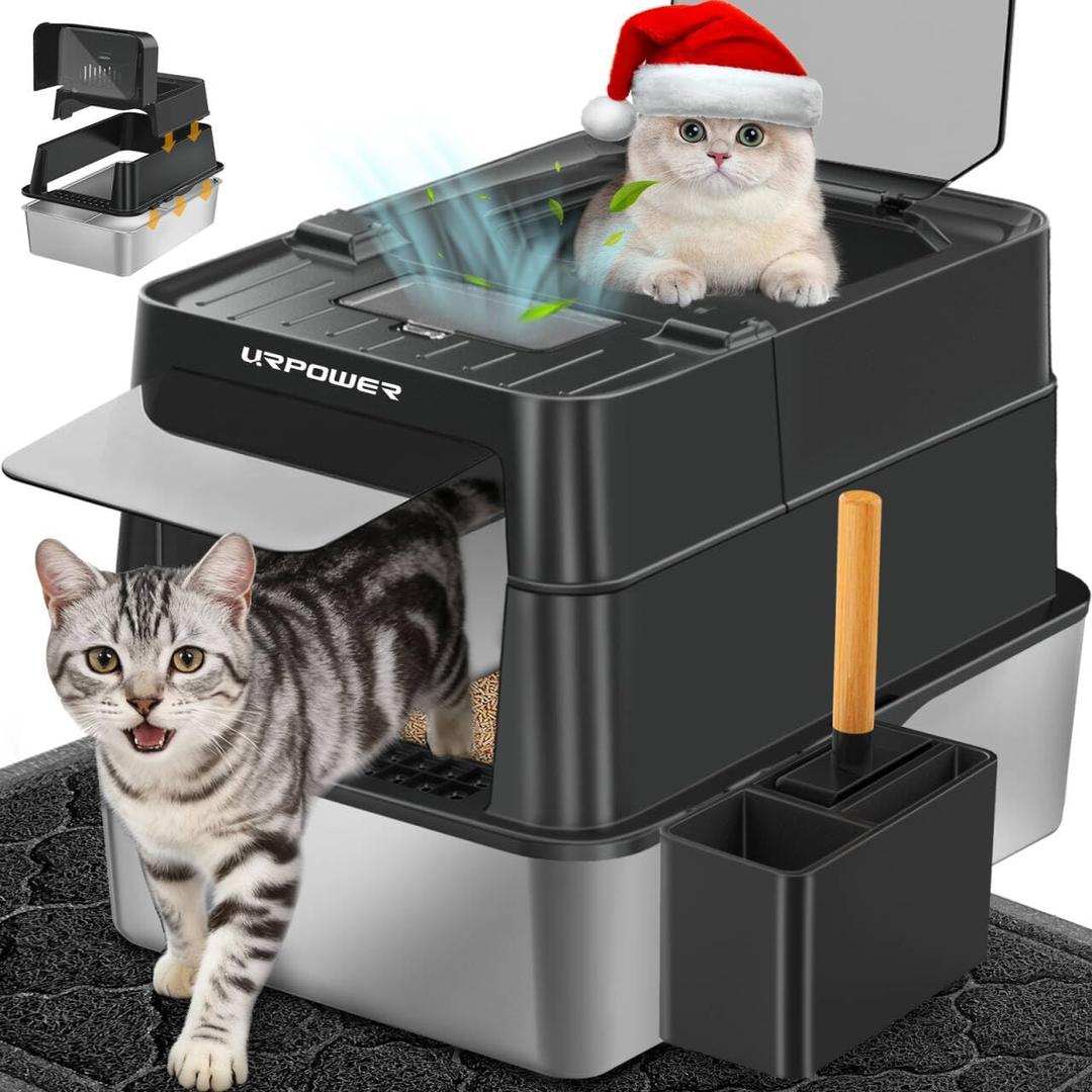 URPOWER Stainless Steel Cat Litter Box with Lid 110 Flip-Top Extra Large Enclosed Litter Box Non-Sticky Metal Pan with High Sided & Scoop, Odor Free, Front & Top Entry, Anti-Leakage, Easy Cleaning