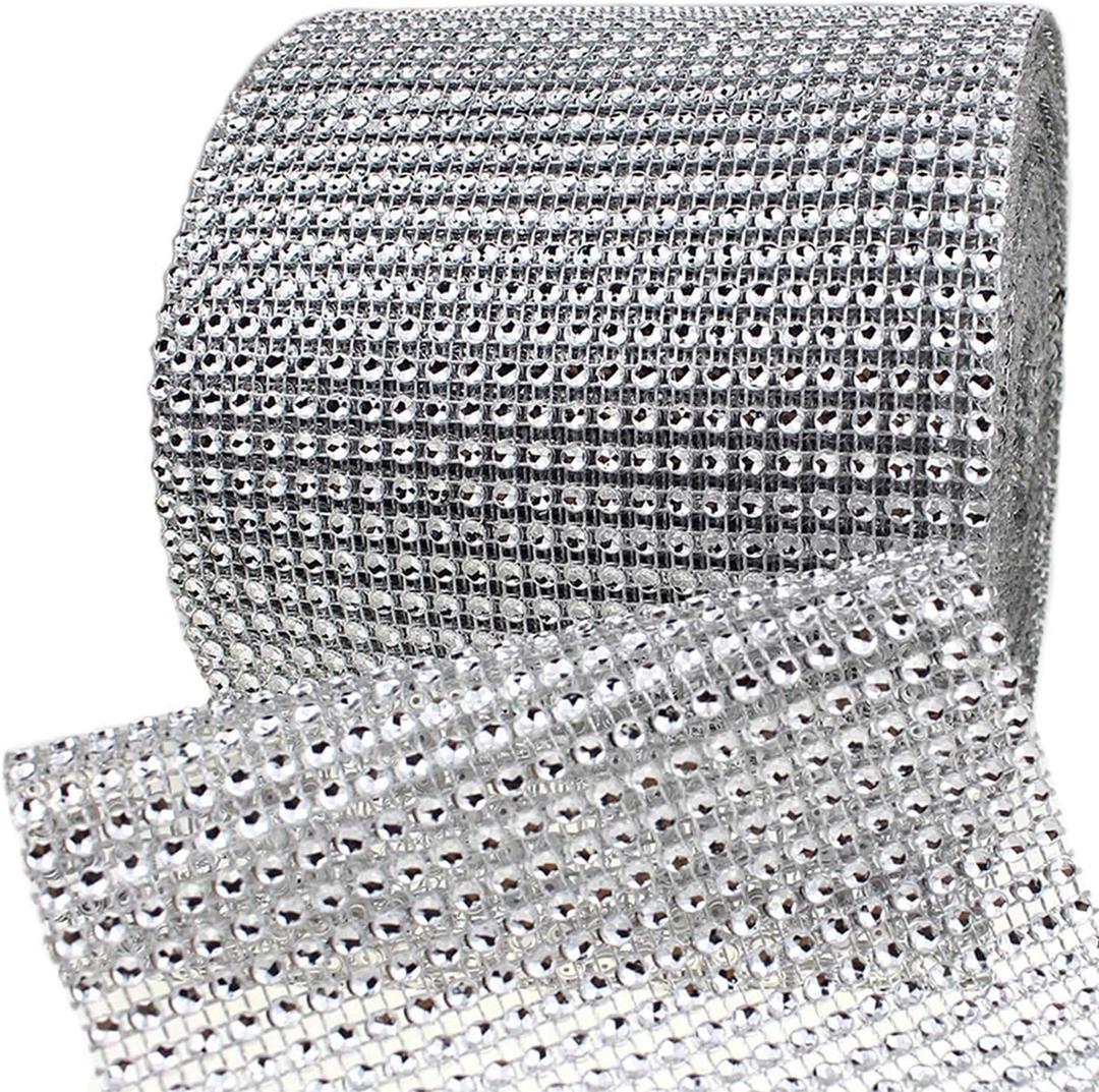 Storystore Rhinestone Ribbon Roll, 60FT Bling Wrap Diamond Ribbon Strip, 24 Row Rhinestone Strip for Wedding, Cake, DIY, Party Supplies (24 Row, 30FT X 2 Roll) (Silver)