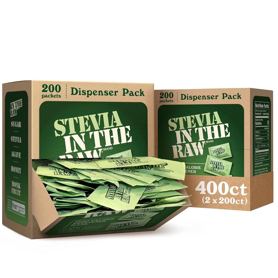 Stevia In The Raw, Plant Based Zero Calorie Sweetener, No Erythritol, Sugar Substitute for Coffee, Hot & Cold Drinks, Suitable For Diabetics, Vegan, Gluten-Free, 200 Count Packets (Pack of 2)