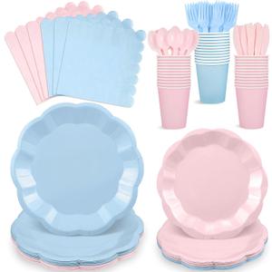 175 Pcs Baby Gender Reveal Plates and Napkins Set, 25 Guest Boy or Girl Gender Reveal Party Supplies Include Light Pink and Light Blue Plates Napkin Cup Plastic Spoon Fork Knive for Baby Shower
