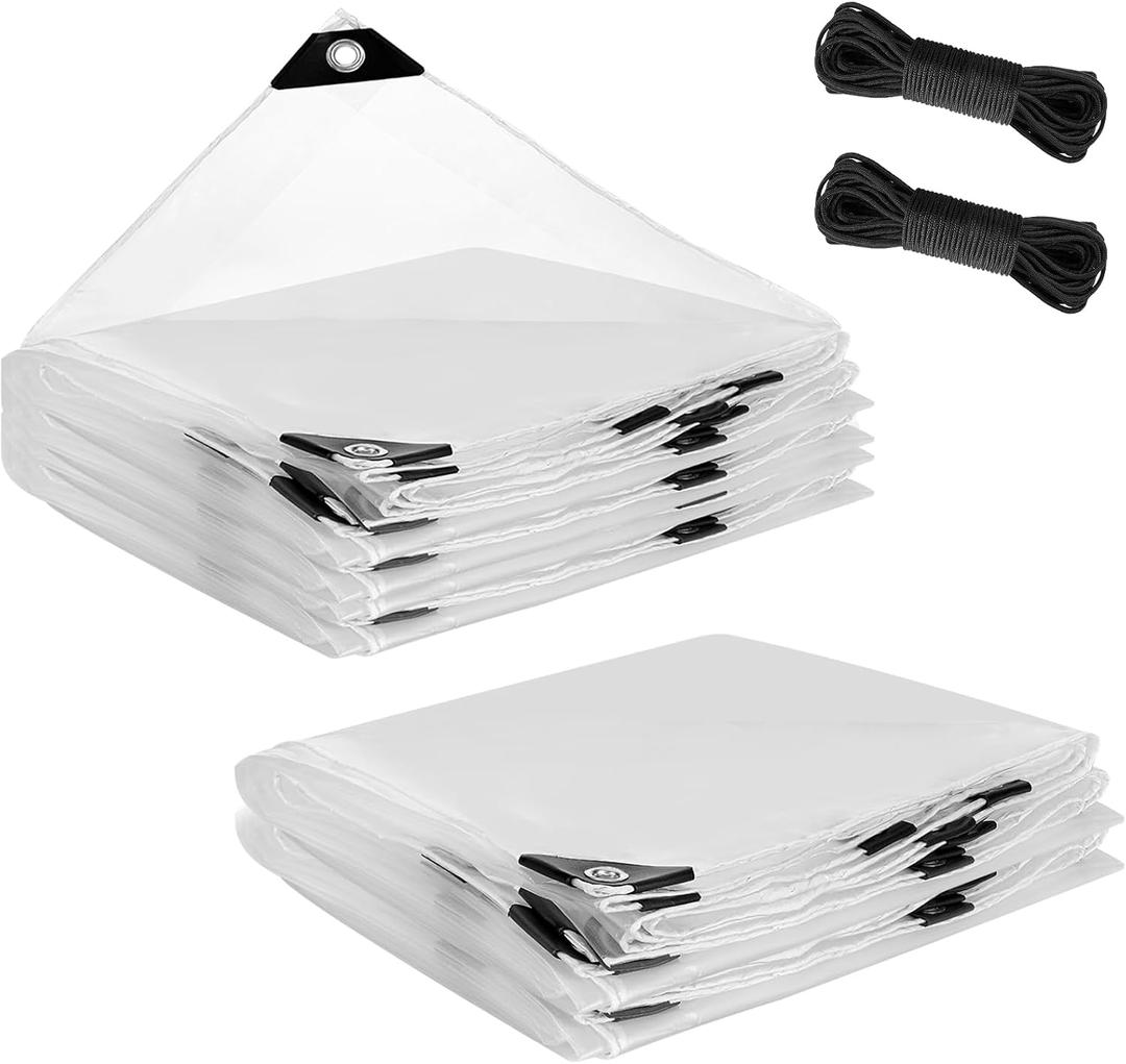 2pcs 10x12ft Anti-Tear Clear Tarp for Patio Winterizing - Waterproof Windproof Plastic Tarps with Grommets for Chicken Coop Greenhouse Frost Protection