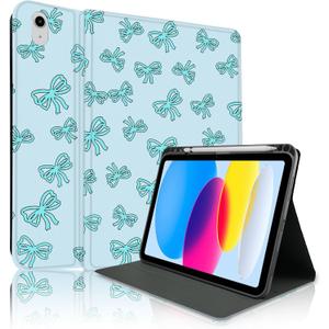 Case for iPad 11th (A16) 11-inch 2025 / 10th Generation 10.9-inch 2022, Blue Bow Cute Chic Aesthetics with Pencil Holder for Kids, Boys, Girls, Anti-Slip, Anti-Shock, Light Blue-Blue Bow