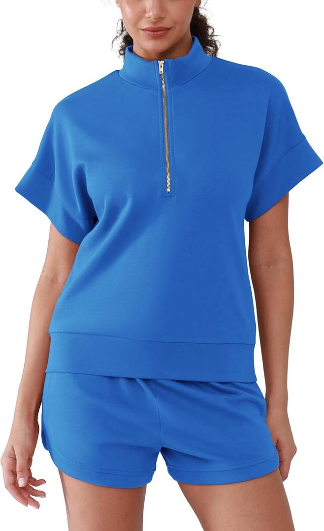 Shorts Sweat Set for Women Cotton Half Zip Short Sleeve Top and Drawstring Shorts - Soft Comfy 2 Piece Lounge Set, S 