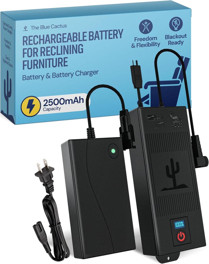 The Blue Cactus Universal Battery Pack for Reclining Furniture with LCD Display- Wireless 2500mAh Rechargeable Battery for Electric Recliner, Power Sofa, Couch, Lift Chair- Fits 2-Pin Motion Furniture