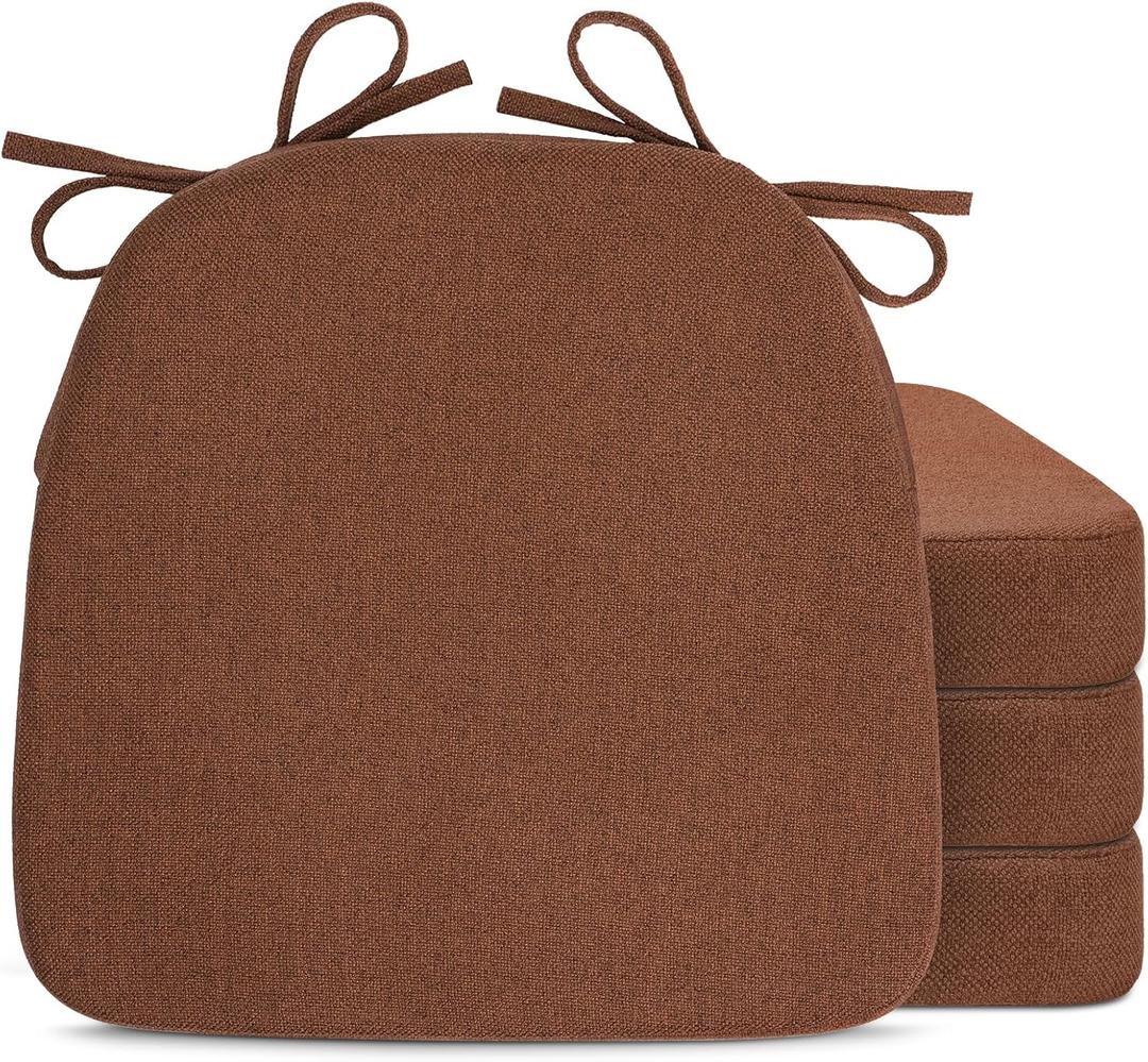 Sunsleek Chair Cushions for Dining Chairs, D-Shaped Seat Cushions with Removable Washable Cover and Ties, Chair Pads for Kitchen, Indoor Dining Room, Patio Chairs, 17'' x 16'', Set of 4, Brown