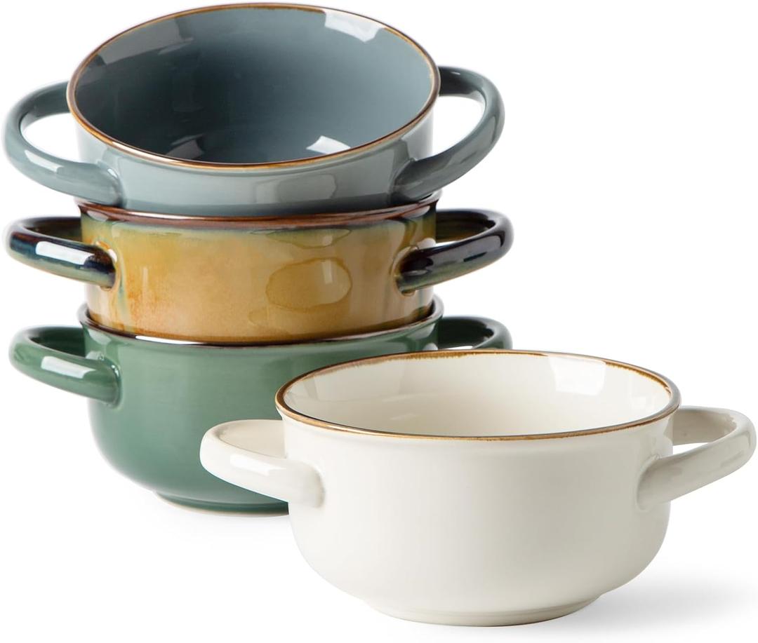 MONITO Ceramic Salad Bowl with Handles, 28 oz French Onion Soup Bowls, Ceramic Soup Bowls for Cereal, Pasta, Chilli, Beef Stew, Stackable Serving Bowl Set of 4 (28 OZ)