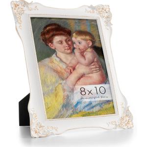 Axeman 8x10 Vintage Picture Frame | Antique 8 x 10 Picture Frame with Real Glass | Ornate Frame 8x10 for Wall & Tabletop Display | Retro White Gold 8 x 10 Frame - White