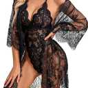 Women Sexy Lingerie Set 2 Piece Lace Kimono Robe with Lace Teddy Lingerie Bodysuit Size M