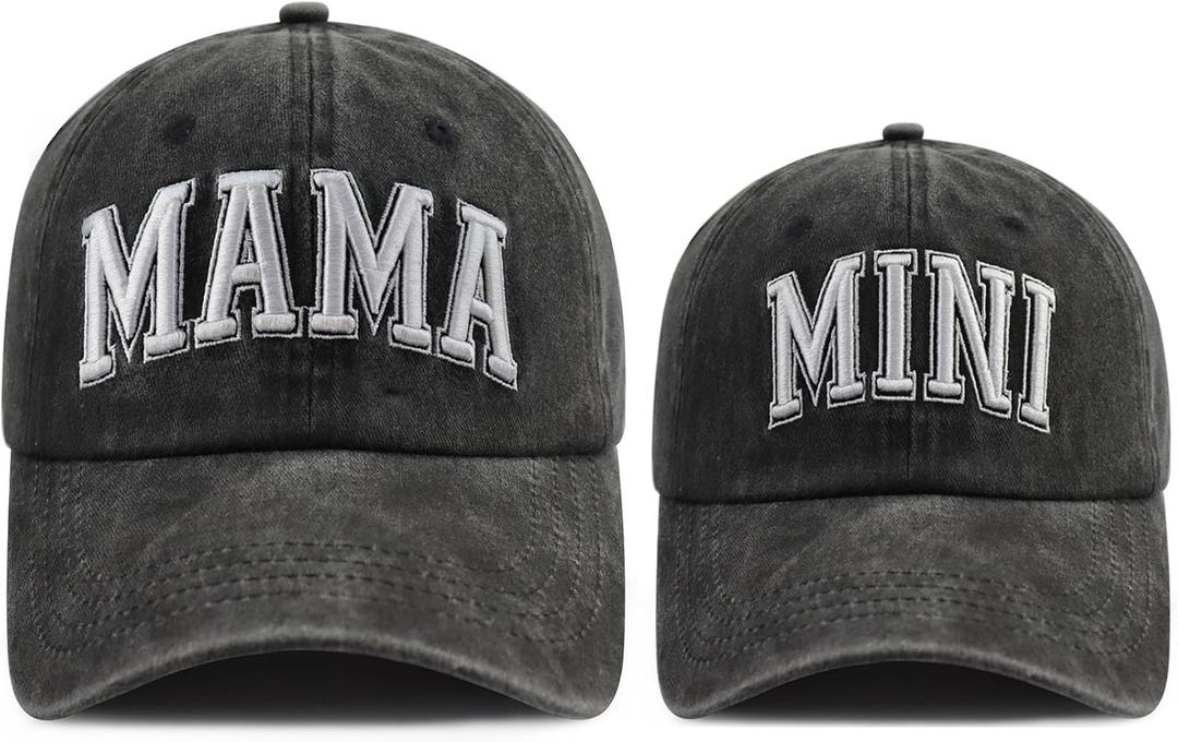 Funny Embroidered Mama and Mini Hat for Mom Kid, Adjustable Matching Parent-Child Baseball Cap Set of 2 (One Size)