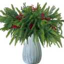 18Inches 16pcs Christmas Norfolk Pine Stems with Berry Set,Artificial Norfolk Branch 8pack, Faux Berry Stem 8pack,Fake stem Greenery Pine Picks for Indoor Home Vase DIY Outdoor Wreath Decoration