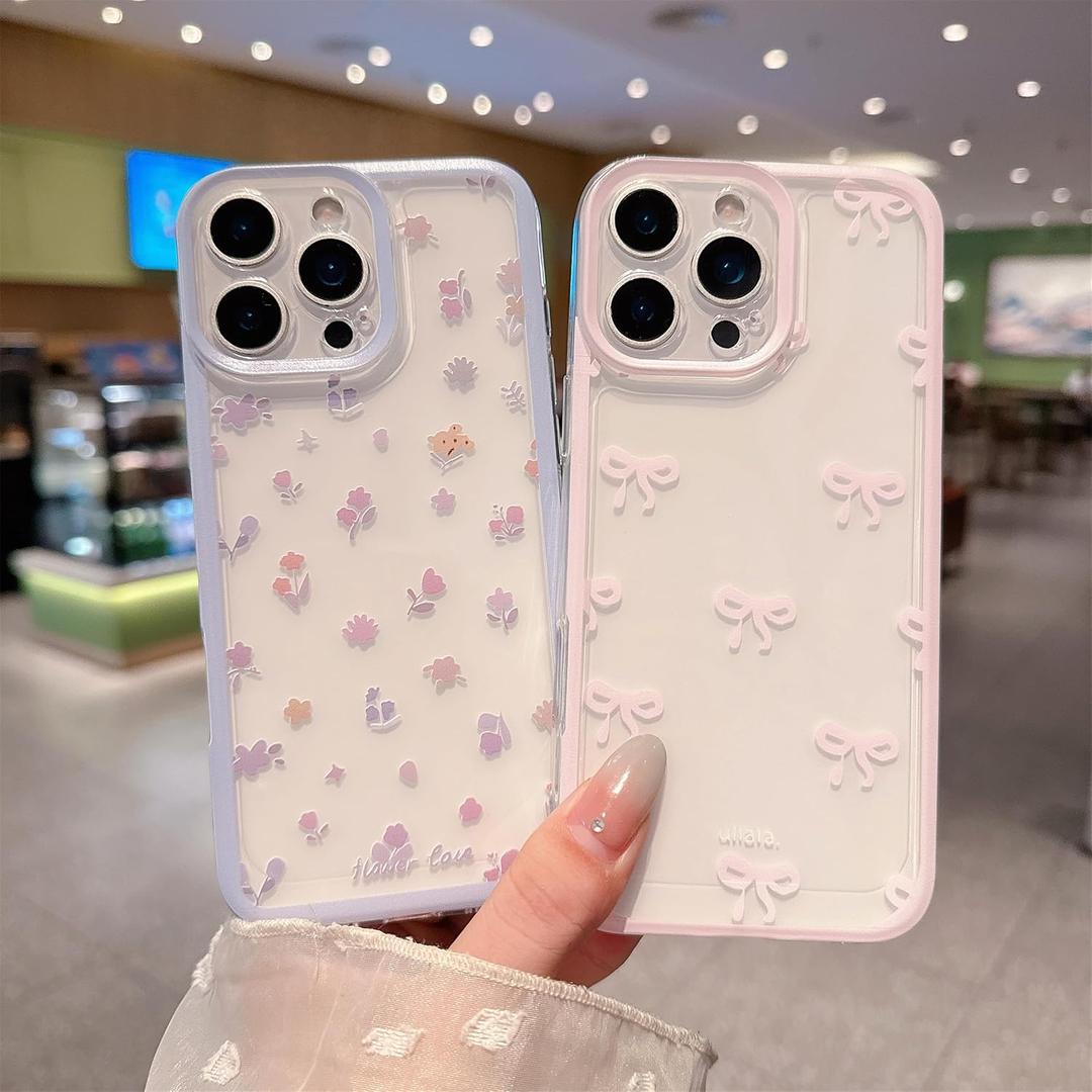 [2 Pack Aesthetic Pattern Case for iPhone 15, Transparent Clear Slim Soft, Cute Bow Ribbon & Ditsy Floral, Gift for Women and Girls (Blue Flower+Pink Bow)