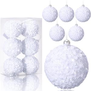 Threan 6 Pcs 3.93'' White Ball Christmas Ornaments Large Glitter Christmas Ball Ornament Sequin Foam Hanging Decorations for Xmas Wedding Party Holiday Decor