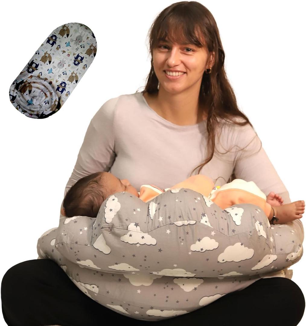 Clowed Printed Cotton Breastfeeding Nursing Pillow with 2 Extra Cover with Adjustable Waist Strap  Soft, Washable, & Supportive for Breastfeeding Moms (Grey)