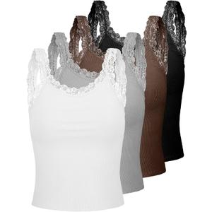 4 Pack Camisole for Women Lace Tank Tops Cami Soft Comfy Tank Cami Undershirt Lace Straps Top for Girl Women (Large, White, Gray, Coffee, Black)