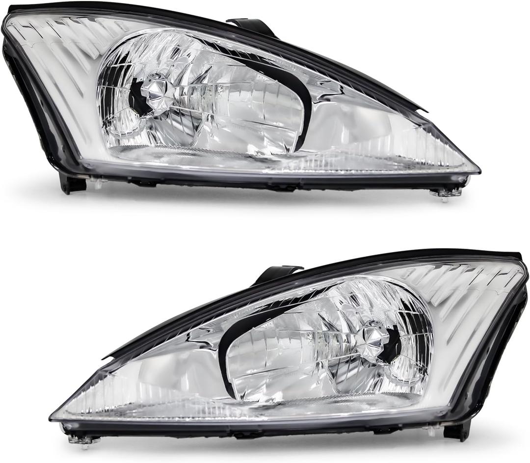 2000-2004 Ford Focus Headlight Assembly for 2000 2001 2002 2003 2004 Ford Focus Clear Lens Chrome Housing with Clear Reflector Headlamp Replacement Left and Right Pair