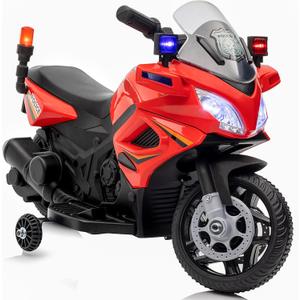 Kids Motorcycle, 6V Electric Motorcycle for Kids with Detachable Training Wheels, Realistic Music, Headlights, Police Light, Motorbike for Kids, Red