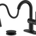 KENES Pull Down Bathroom Faucet with Sprayer, Matte Black Single Handle Bathroom Sink Faucet with Pull Out Sprayer, Vanity Bar Faucet with Pop Up Drain & Deck Plate, KE-9065B-2