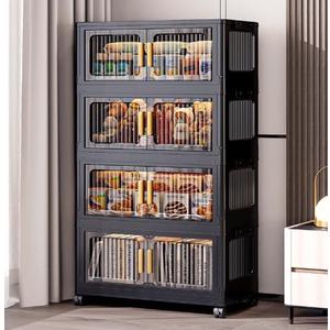 4-Tier Stackable Storage Bins with Lid,Foldable Plastic Drawer Storage with Wheels,Closet Organizers and Storage for Living Room, Office, Dorm