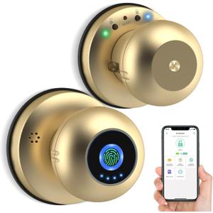 eLinkSmart Fingerprint Door Lock Smart Door Knob with Key Keyless Entry Door Lock for Bedroom Apartment with Privacy Mode Clear Voice Prompt Bluetooth App Control Gold