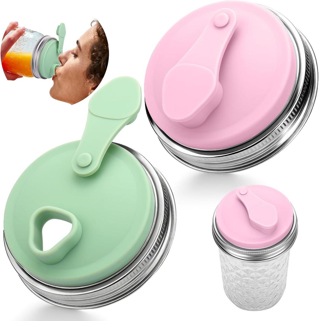 Palksky Mason Jar Drinking Lids 2 Pack, Wide Mouth Stainless Steel Sip Lid with Heat-Resistant Silicone Cover, Leakproof Airtight Flip Cap, Durable Mason Jar Accessories for Coffee & Drinks