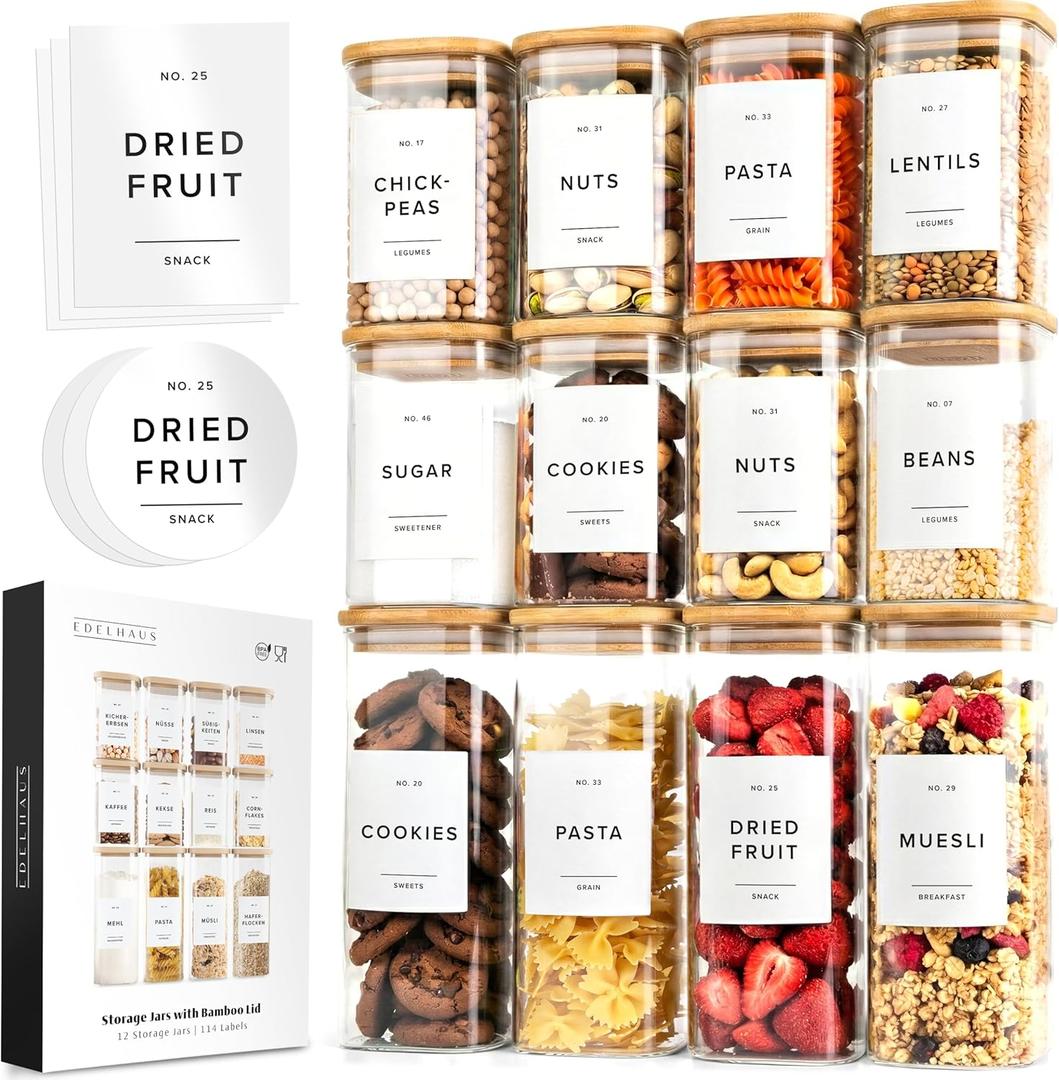 Square Glass Storage Containers with Bamboo Lids 12-Pack (4x 30 oz, 8x 17 oz) Airtight Storage Jars with Lids for Food, Stackable Kitchen Canisters with 114 Labels for Pantry [Thicker Glass 3mm]